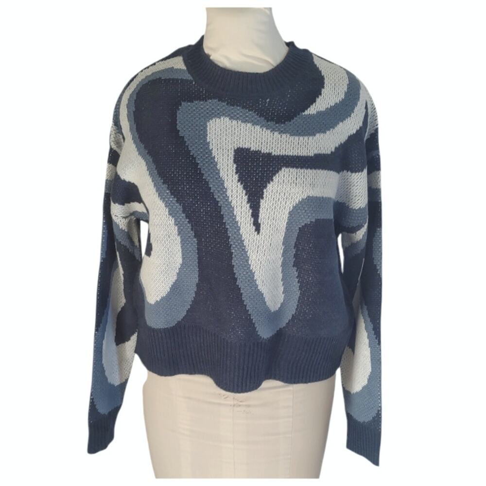 FULL TILT Blue Retro Crewneck Sweater Size S Boxy Cropped Y2K Abstract Swirl